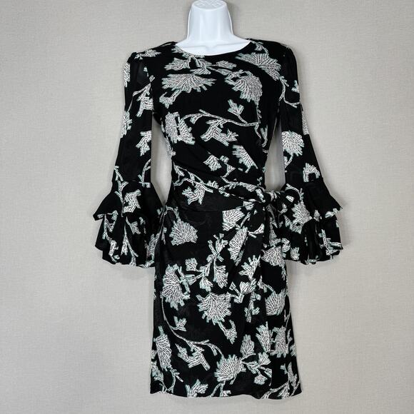 Diane von Furstenberg Faridah Dress Womens Small Black Floral Mesh Wrap Cocktail - Picture 2 of 15